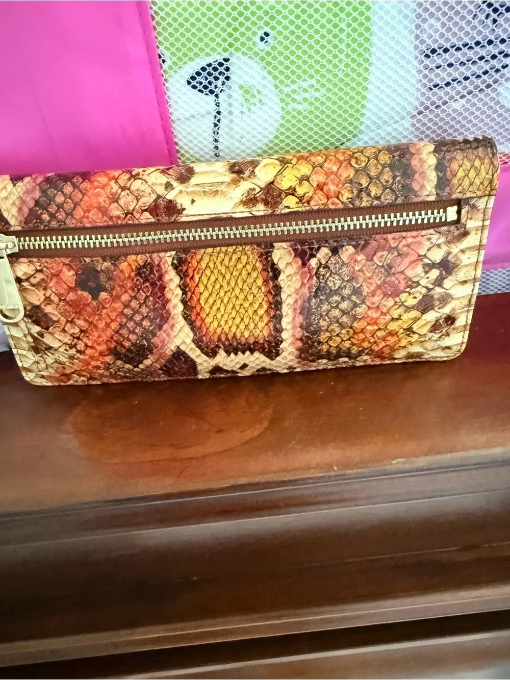 Brahmin Brown Leather Continental Wallet with Multicolor Snake-Print Flap